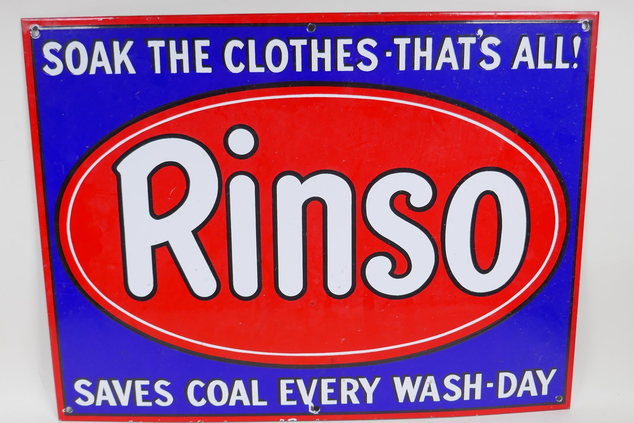 An enamel advertising sign for Rinso soap, 20" x 15"