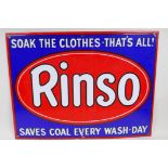 An enamel advertising sign for Rinso soap, 20" x 15"