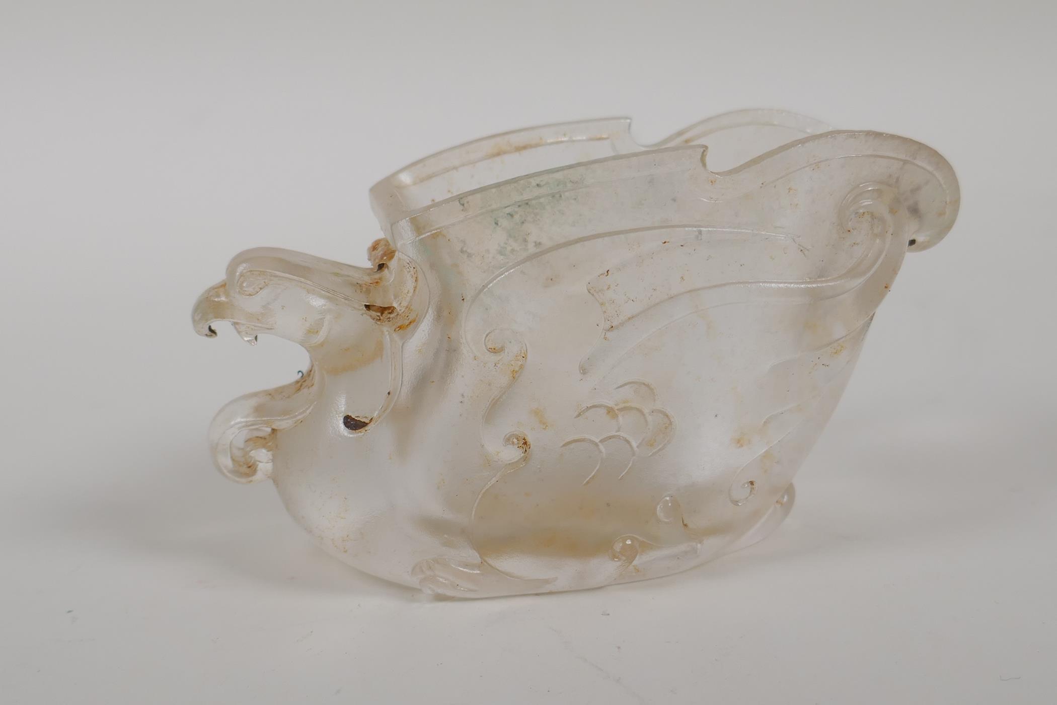 A Chinese moulded glass libation cup in the form of a phoenix, 4½" long - Image 2 of 2