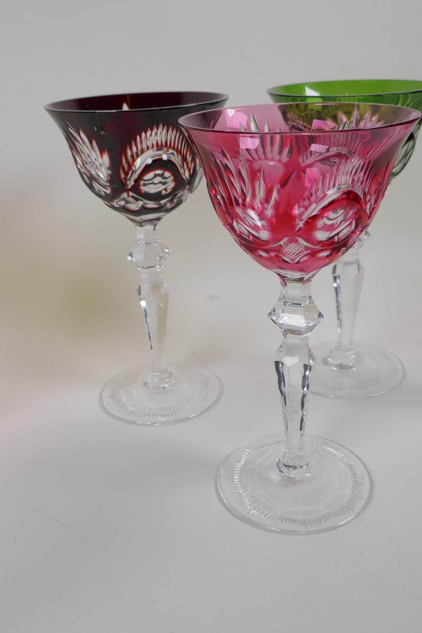 A harlequin set of six Bohemian long stem wine glasses, a/f two glasses rims chipped, 8" high - Image 4 of 4