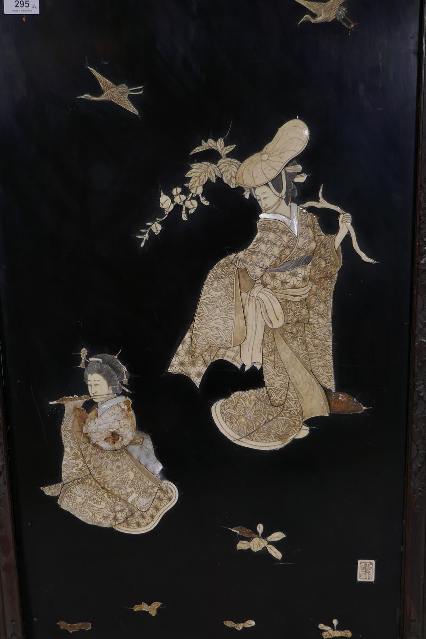 A pair of large Japanese wall plaques with carved and inked ivory decoration of geishas, AF, 25" x - Image 5 of 6