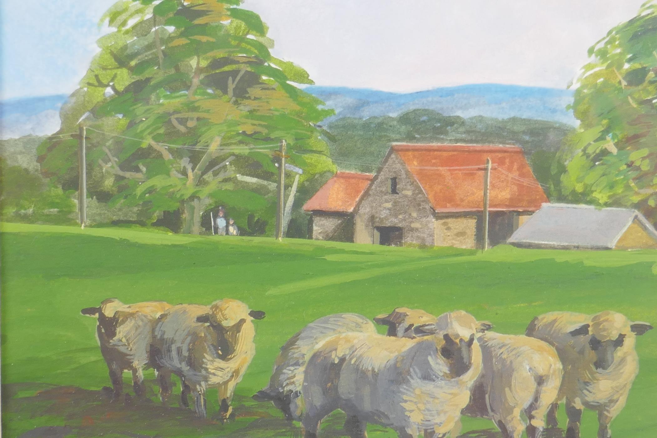 Ronald Brown, of local interest, field with sheep, title verso 'Summer Evening, Dorking', 6" x - Image 2 of 6