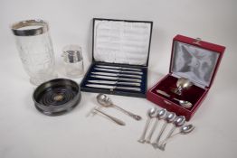 Silver and silver plated items to include a hallmarked silver top celery vase and cologne jar, a