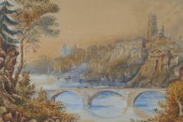 A C19th Swiss riverside landscape with a city on the far shore, titled to mount 'Freiburg in the