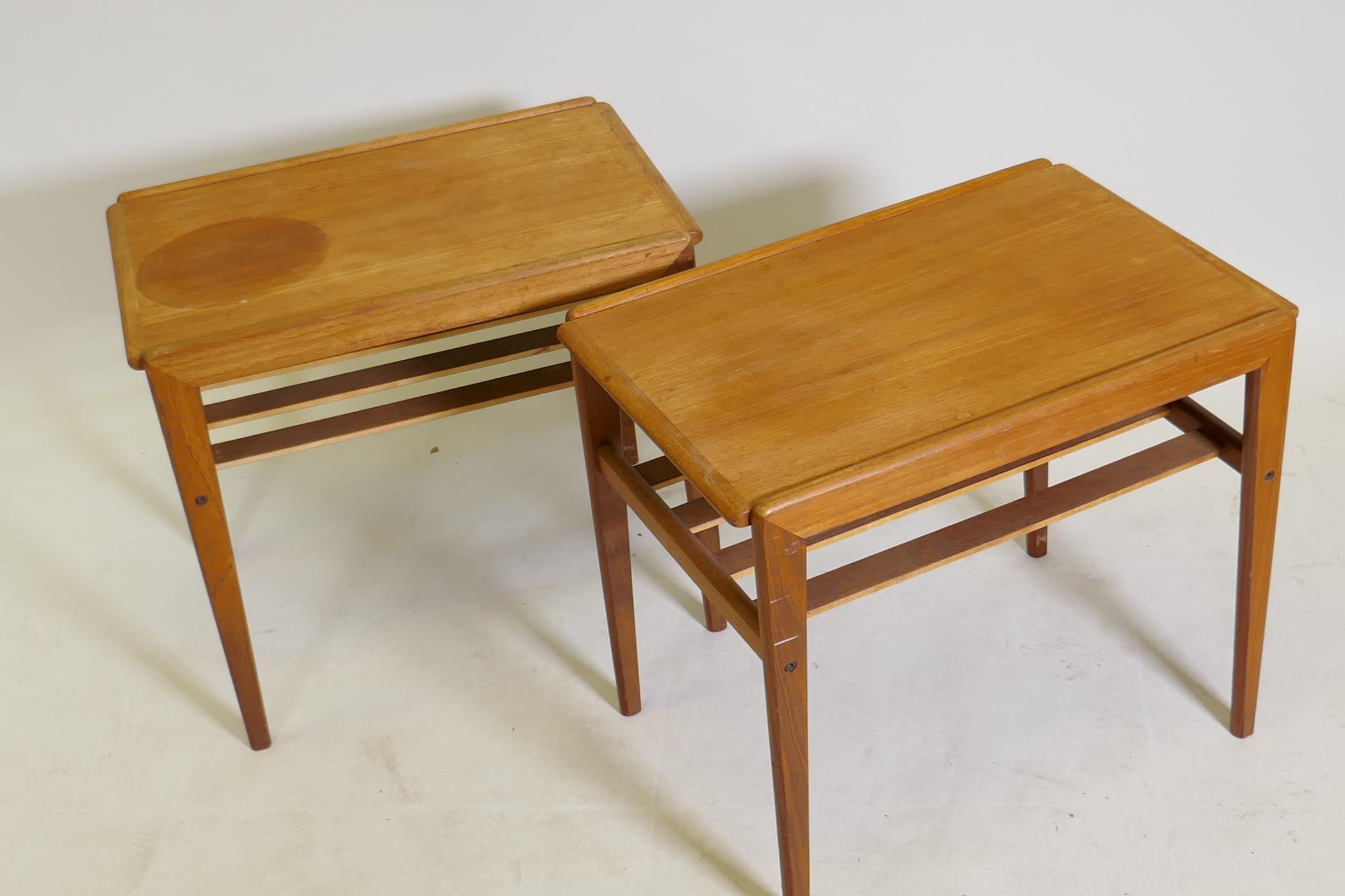 A pair of mid century teak side tables with slatted undertiers, 23" x 15" x 20" - Image 2 of 2