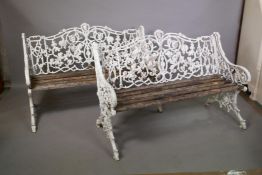 A pair of mid C20th painted cast aluminium garden benches in the Coalbrookdale style, by repute cast