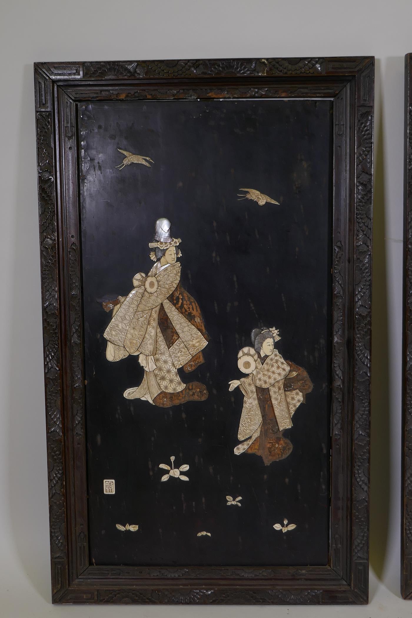 A pair of large Japanese wall plaques with carved and inked ivory decoration of geishas, AF, 25" x - Image 2 of 6