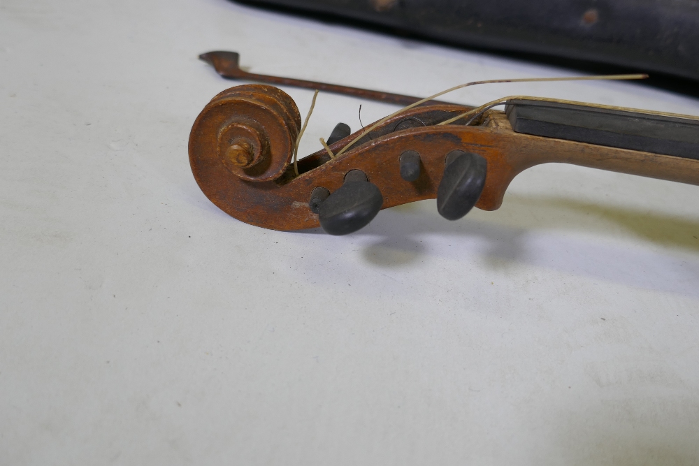 An antique violin in wood case, AF, and a bow, marked Dodd - Image 5 of 11