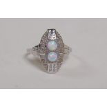 An Art Deco style 925 silver and cubic zirconia set ring with two opalite panels, siz P