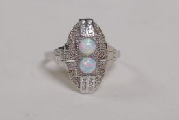 An Art Deco style 925 silver and cubic zirconia set ring with two opalite panels, siz P