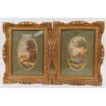 A pair of landscape scenes, 2½" x 4½", oils on board in pierced gilt frames