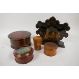 A quantity of treen items and a Japanned letter rack, trinket boxes etc, letter rack 8" wide