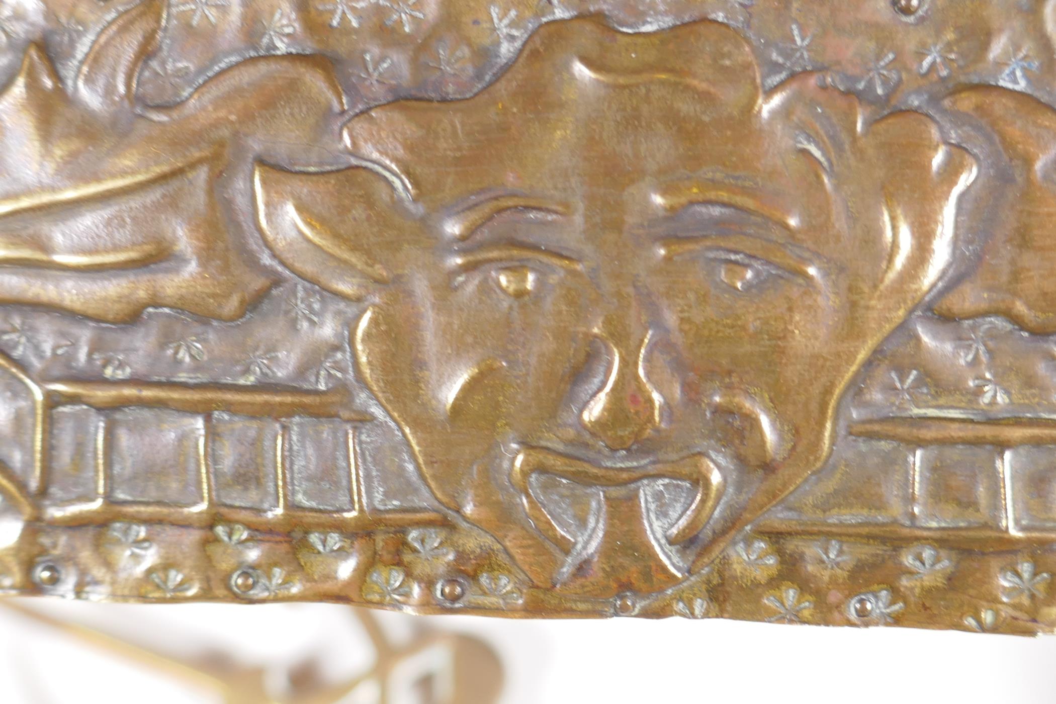 A brass bound wooden table top box embossed with a phoenix and devils masks, 10" x 6½"x 2", a pair - Image 3 of 4