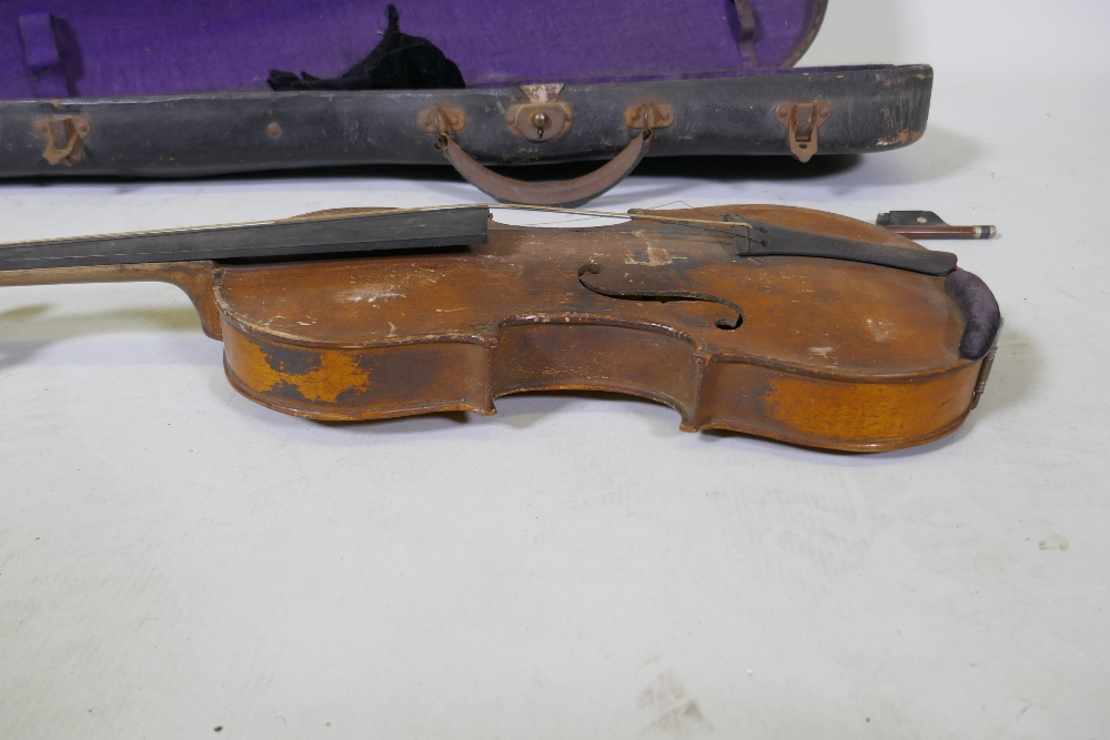 An antique violin in wood case, AF, and a bow, marked Dodd - Image 6 of 11