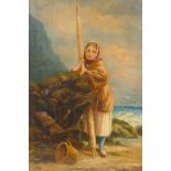 Fisher girl in a coastal landscape, C19th oil on canvas, monogramed, 20" x 13"