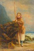 Fisher girl in a coastal landscape, C19th oil on canvas, monogramed, 20" x 13"