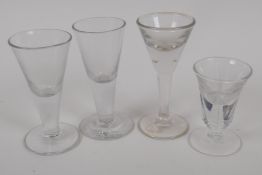 Two C19th 'Penny Lick' toastmasters glasses, and a pair of C19th cordial glasses, 3½" high