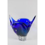 A deep blue studio glass vase of petal form, 8" high
