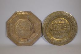 An Indian brass tray / charger with repousse figural and animal decoration, and another similar, 24"