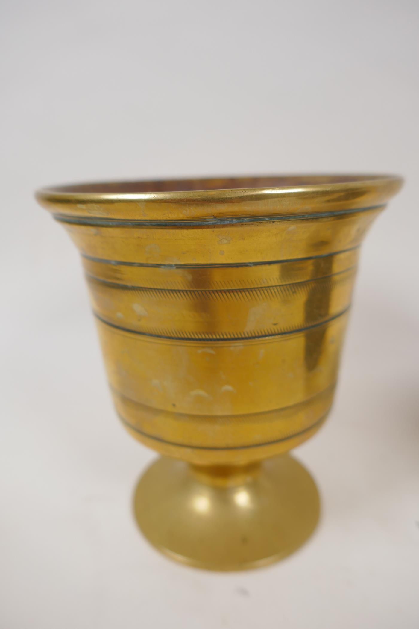 A heavy antique bronze pedestal mortar, 5" high, a Bidri vase and antimony trinket box embossed with - Image 3 of 4