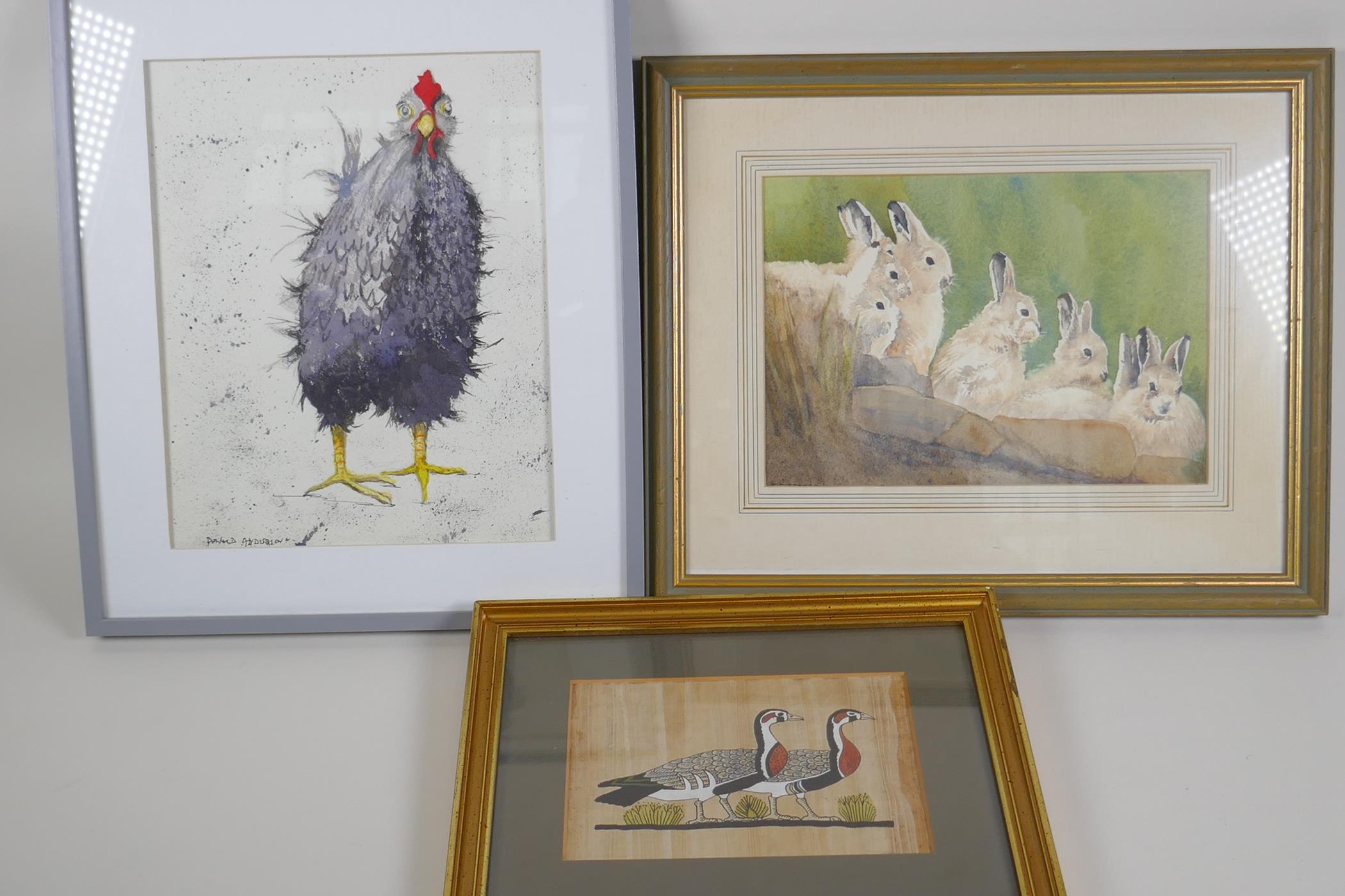 Donald Anderson, humorous watercolour of a chicken, 8" x 9½", a watercolour of Leverets and
