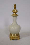 A Chinese crackle glazed vase with ormolu mounts, converted to a table lamp, 17" high