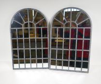 A pair of arch top conservatory / garden mirrors with metal lattice decoration, 14" x 23", 1 AF