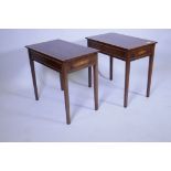 A pair of inlaid mahogany end tables with single drawer, crossbanded tops with inset flame