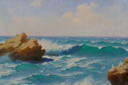 James H C Millar, seascape with gulls on rocks, signed, oil on panel, 9½" x 14½"