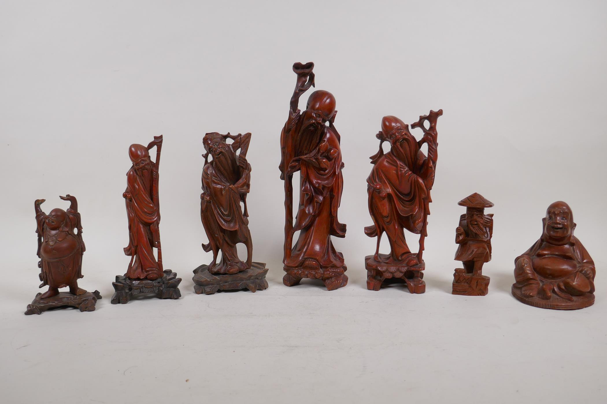 Seven Chinese carved hardwood figures, with depictions of Shao Lao and Buddha, largest 9½" high, AF