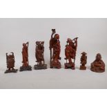 Seven Chinese carved hardwood figures, with depictions of Shao Lao and Buddha, largest 9½" high, AF