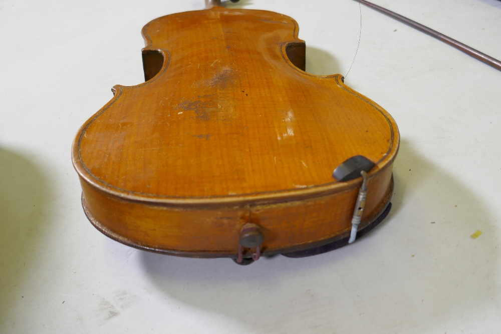 An antique violin in wood case, AF, and a bow, marked Dodd - Image 7 of 11