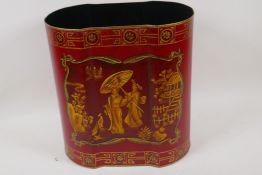 A toleware paper bin with gilt Chinoiserie decoration on a maroon ground, 12" high