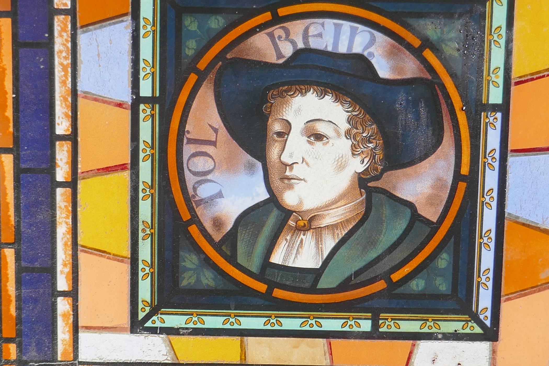 A a stained lass effect panel with a portrait of gentleman inscribed holbein, 20" x 19" - Image 3 of 4