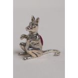 A sterling silver miniature pincushion in the form of a kangaroo, 1" high