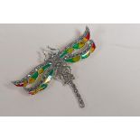 A 925 silver and plique a jour dragonfly brooch, 2½" x 2"