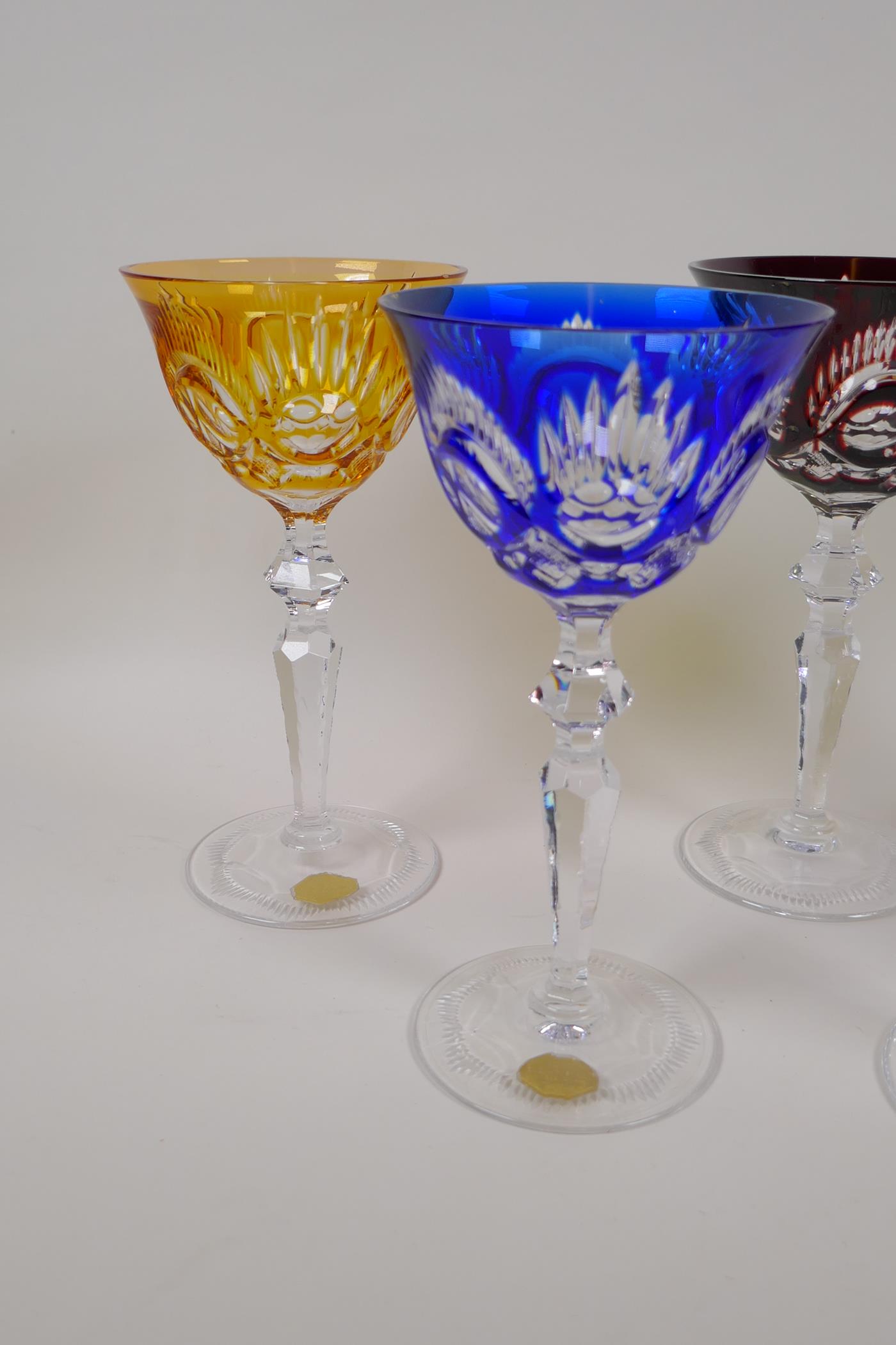 A harlequin set of six Bohemian long stem wine glasses, a/f two glasses rims chipped, 8" high - Image 2 of 4