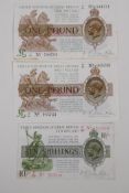 Two George V one pound bank notes, F169 No.544714 and H165 No.985743, and a George V ten shilling