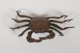A Japanese bronze jizai style okimono crab, mark to base, 6" wide