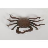 A Japanese bronze jizai style okimono crab, mark to base, 6" wide