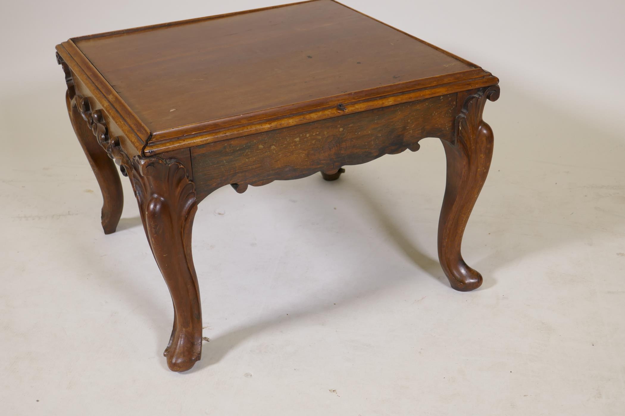 A C19th rosewood stool with carved decoration frieze, raised on cabriole supports, AF adapted with - Image 3 of 4