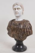 A marble bust of a Roman, after the antique, AF minor loss, mounted on a marble sack, 12" high