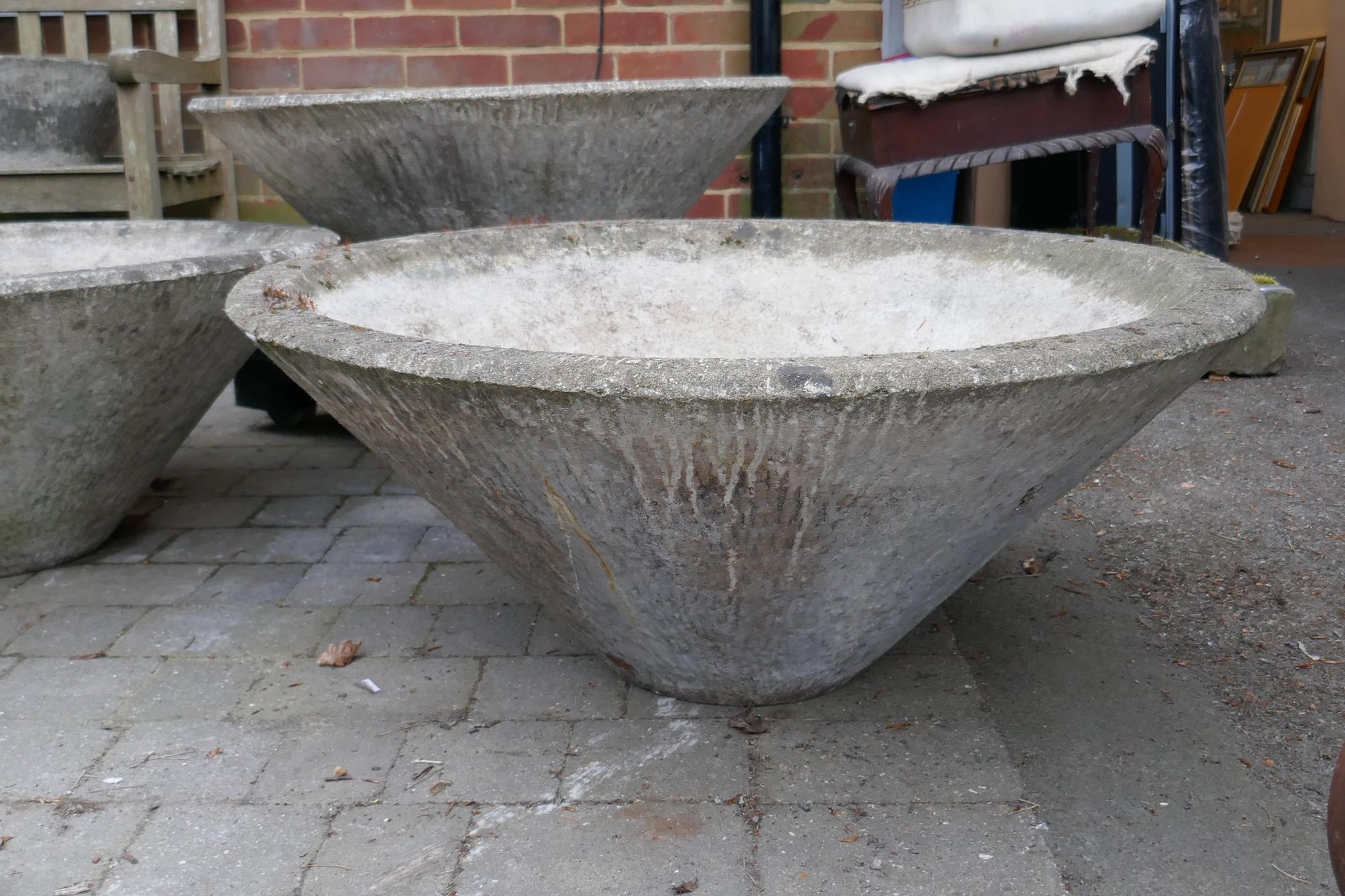 Three mid century conical concrete garden planters with bark effect exterior, 35" diameter - Image 2 of 6