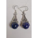 A pair of 925 silver drop earrings with lapiz balls, 1½" drop