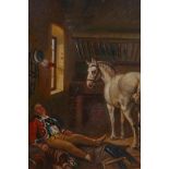 Stable interior with horse and sleeping soldier, antique oil on metal panel, 8" x 6½"