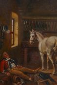 Stable interior with horse and sleeping soldier, antique oil on metal panel, 8" x 6½"