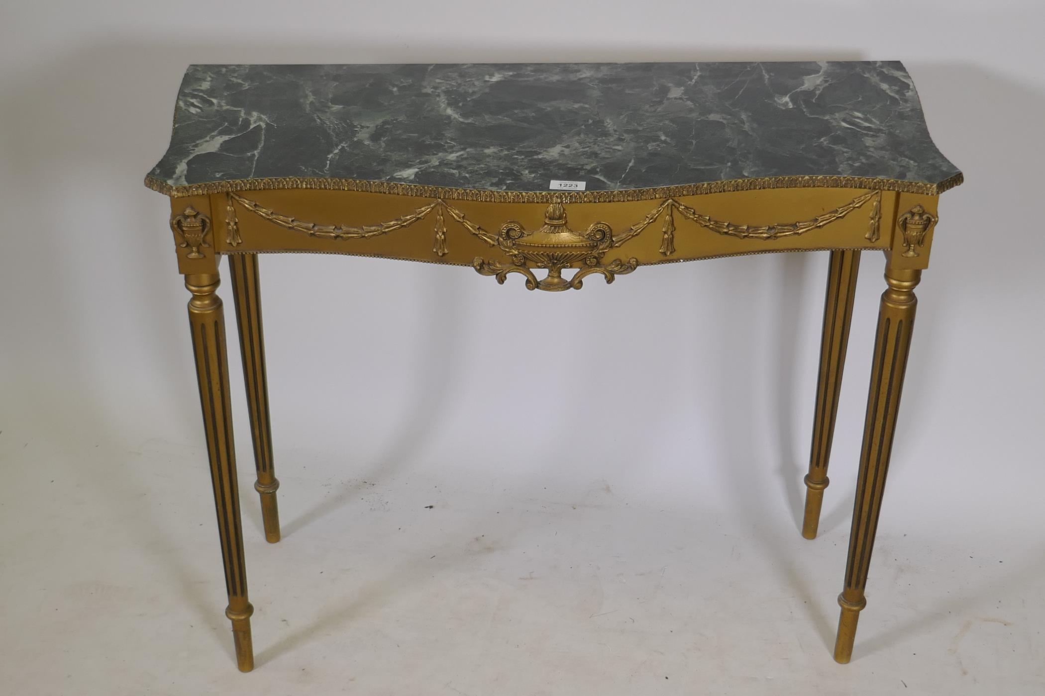 A mid century giltwood and composition console table with faux marble top, raised on fluted - Image 2 of 3