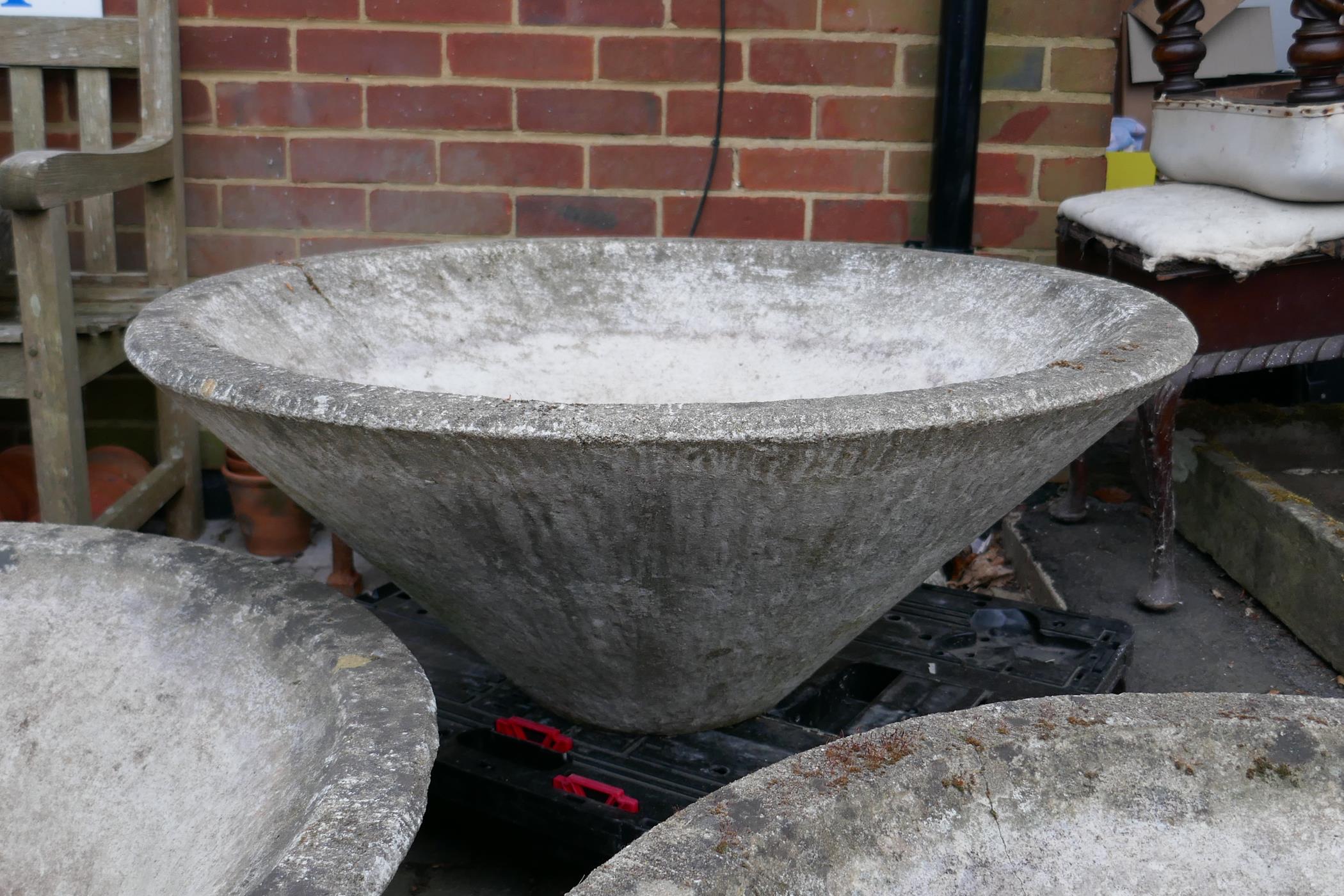 Three mid century conical concrete garden planters with bark effect exterior, 35" diameter - Image 4 of 6