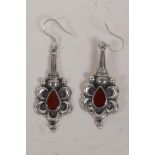 A pair of stone set silver pendant earrings, 2" long