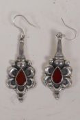 A pair of stone set silver pendant earrings, 2" long